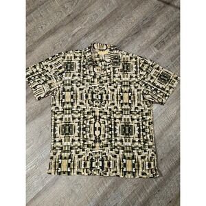 Silver Silk Casual Mens XL Abstract Geometric Button Down Shirt Olive Tan Black